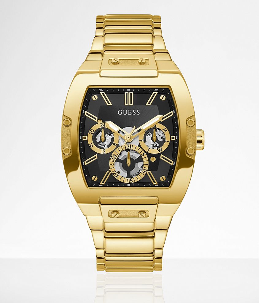 GUESS Mens Black Gold Tone Multi-function Watch