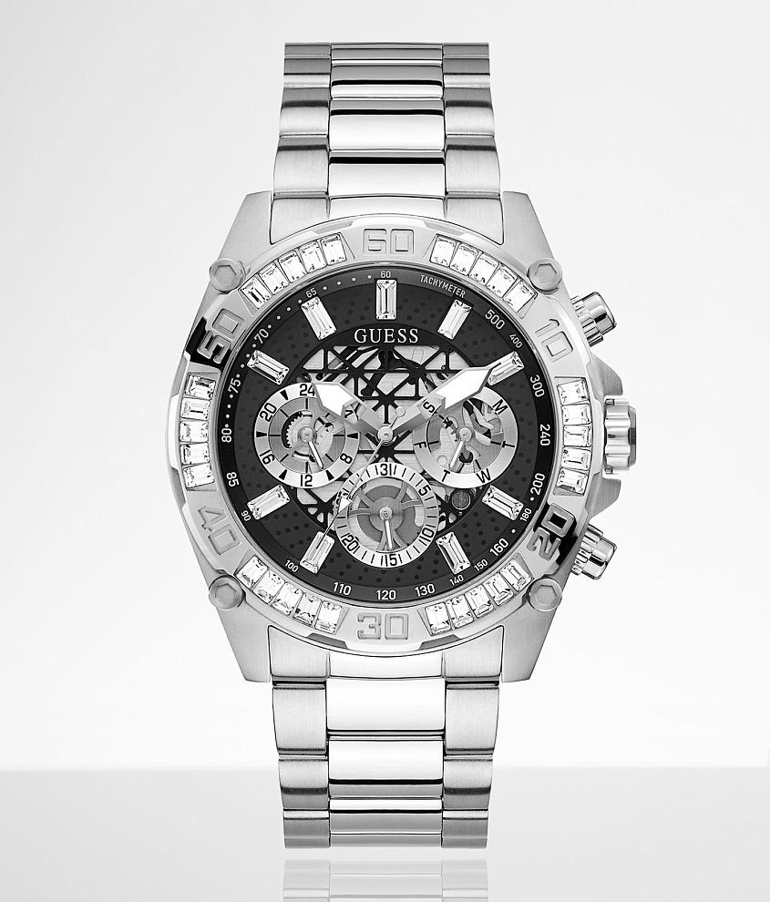 Guess Silver-Tone Crystal Watch - Men's Watches in Silver | Buckle