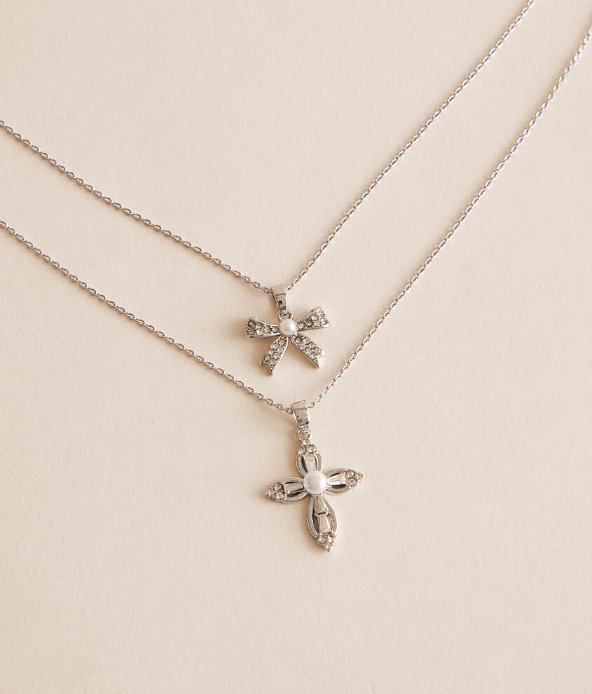 2 Pack Bow & Cross Necklace Set