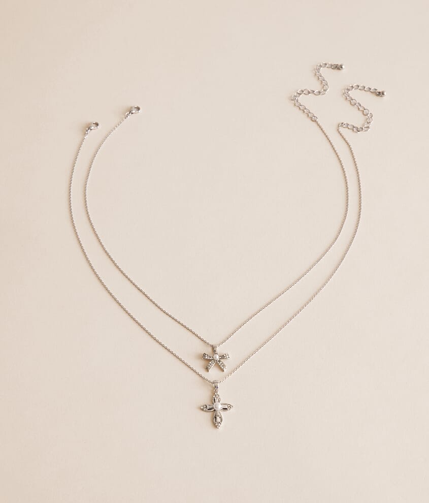 2 Pack Bow & Cross Necklace Set