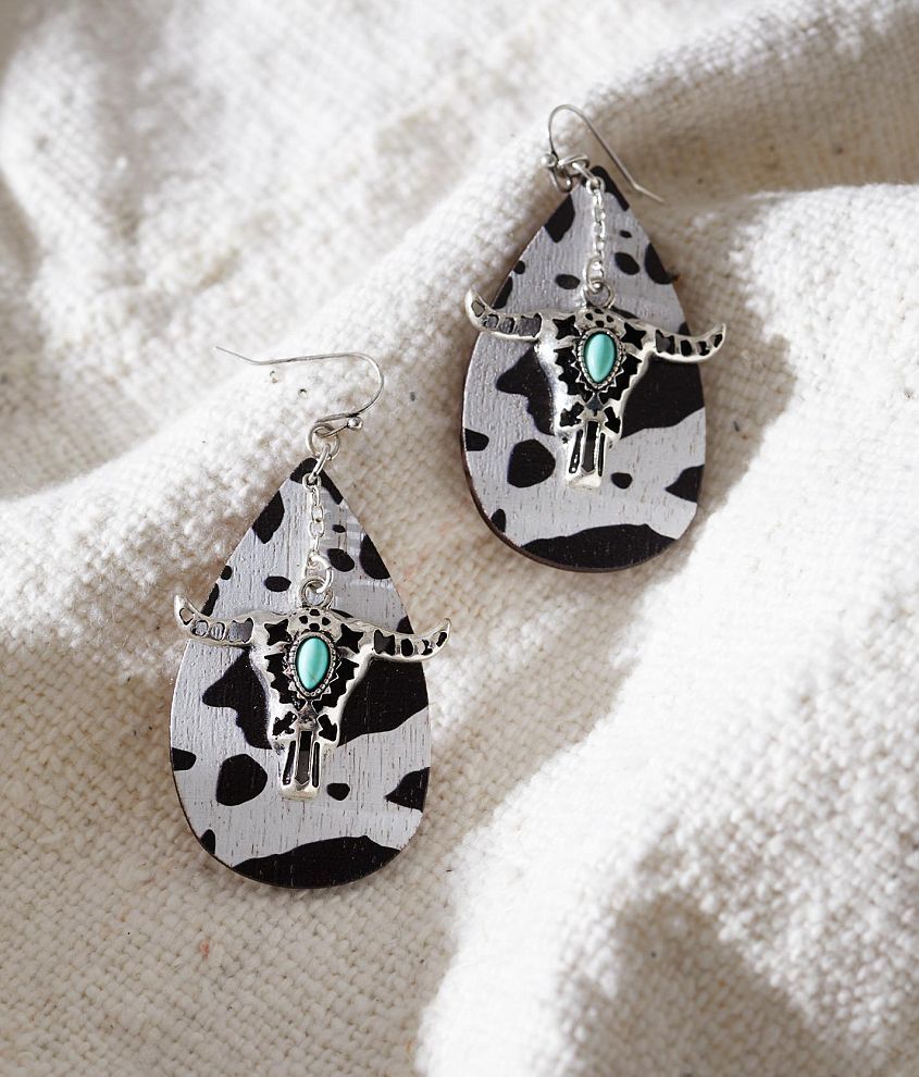 Sterling &#38; Stitch Cow Print Wood Drop Earring front view