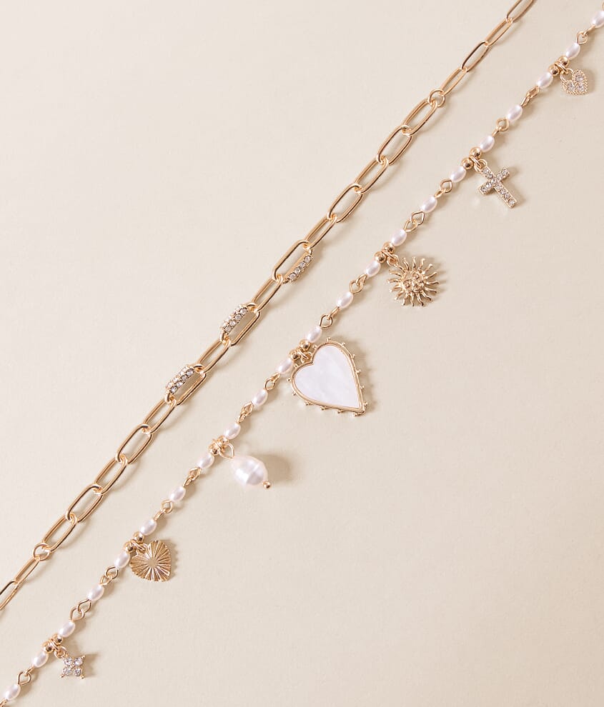 2 Pack Faux Pearl Charm Necklace Set