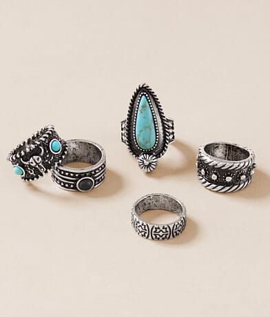 Sterling & Stitch 5 Pack Western Turquoise Ring Set front view