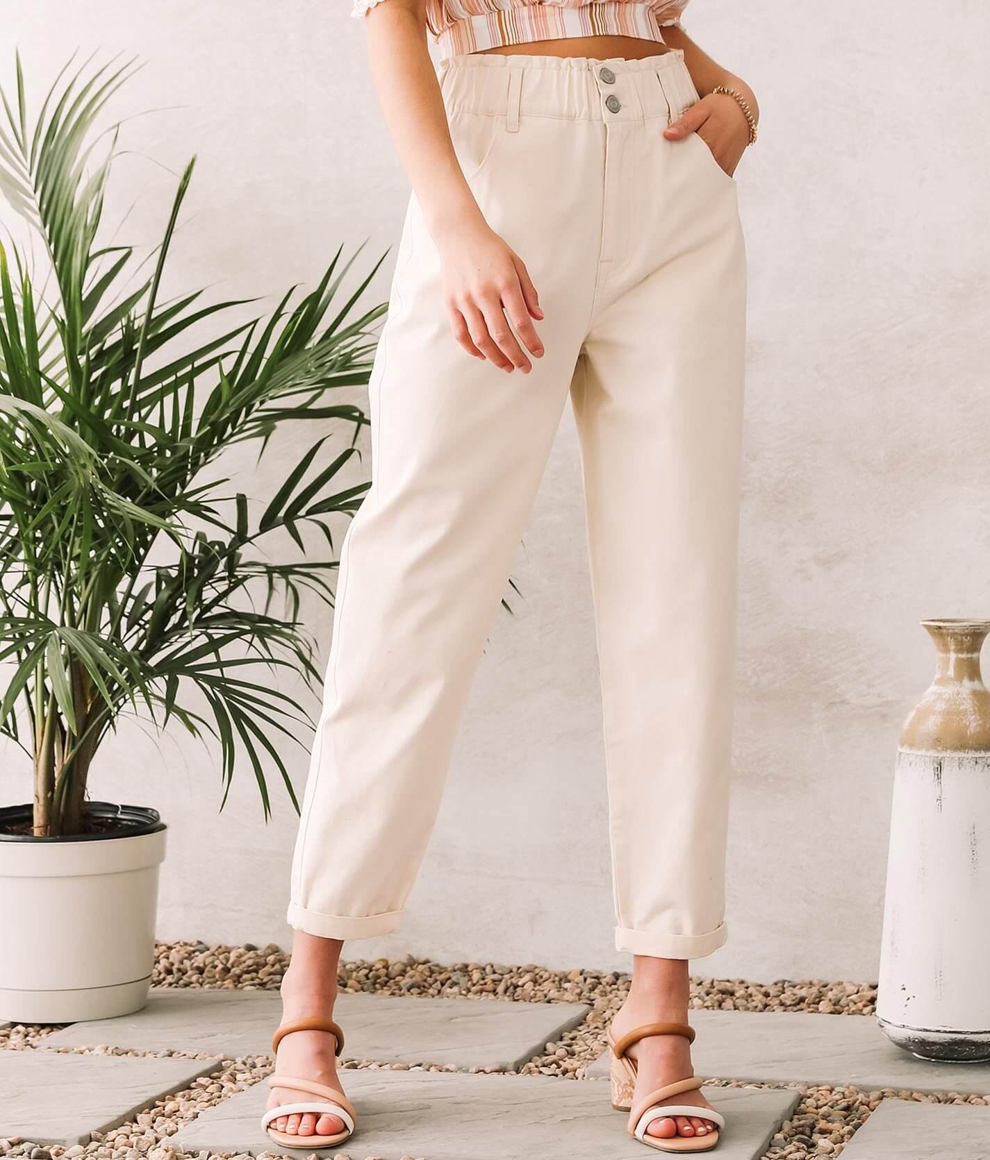 【BAON】Matou Snap Wide Peach Fuzz Banding Cotton Pants Shinestar Twill Paperbag Cuffed Pant - Women's Pants in