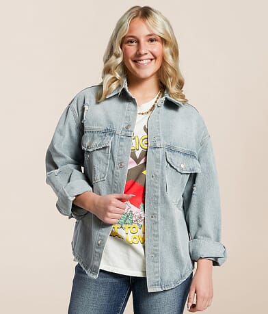 Signature 8 Distressed Denim Shacket front view
