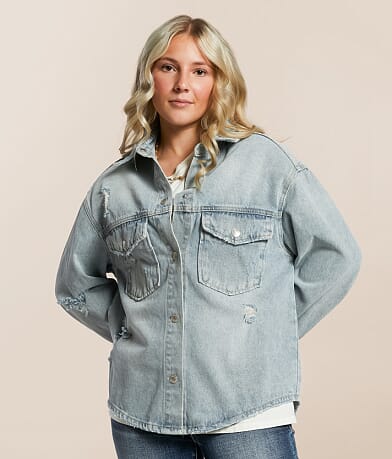 Signature 8 Distressed Denim Shacket full left side view