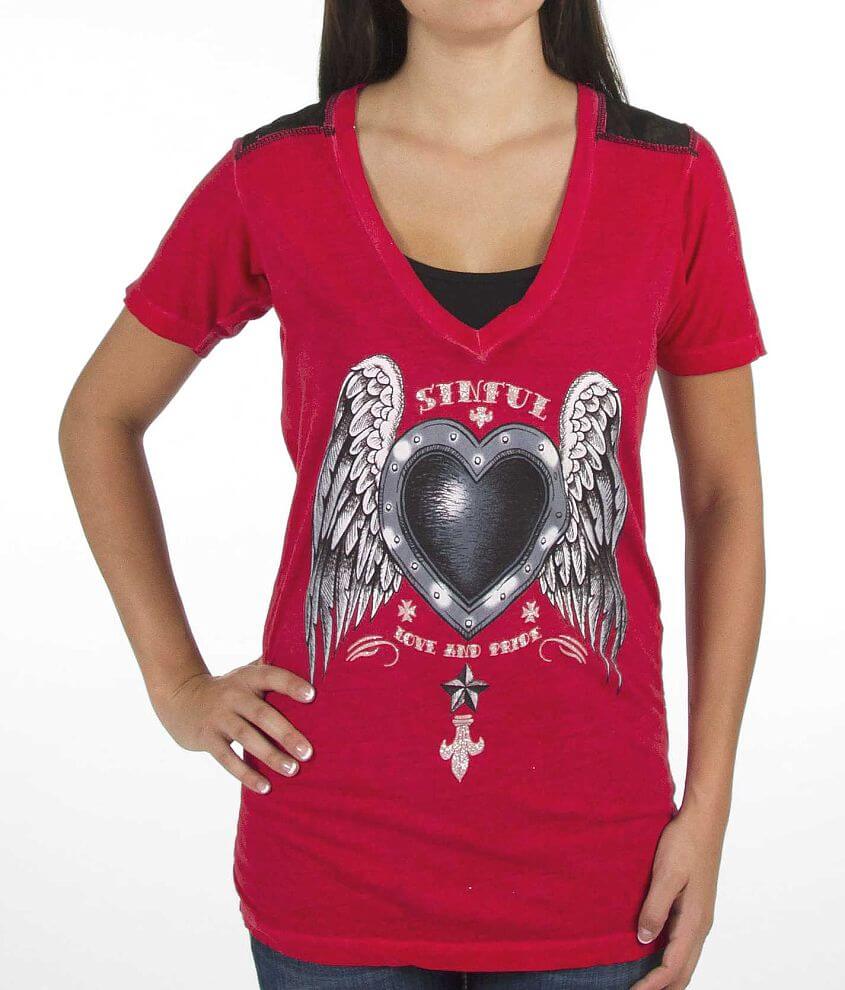 Sinful Metal Heart V-Neck T-Shirt front view