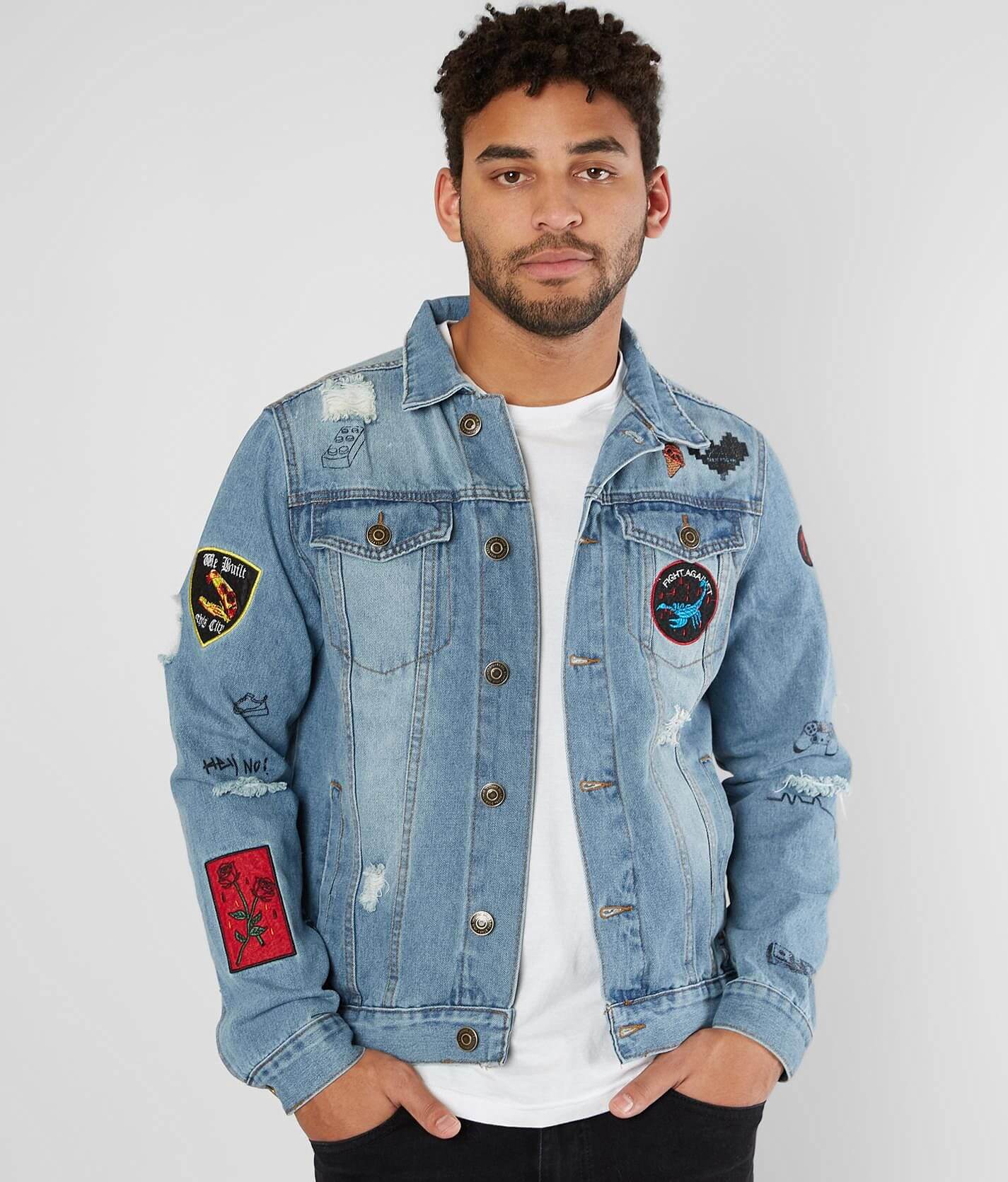 Men patched sale denim jacket