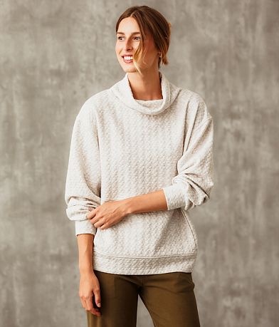 Buckle Black Funnel Neck Textured Pullover front view