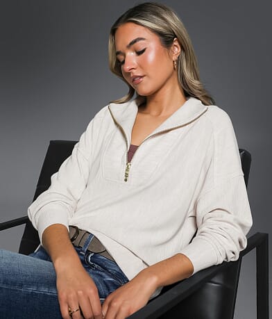 Buckle Black Ribbed Quarter Zip Pullover front view