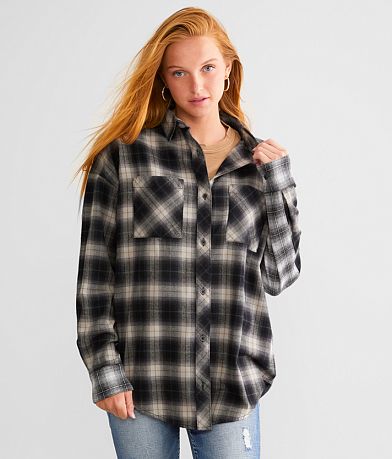 BKE Mixed Plaid Boyfriend Flannel Shirt front view