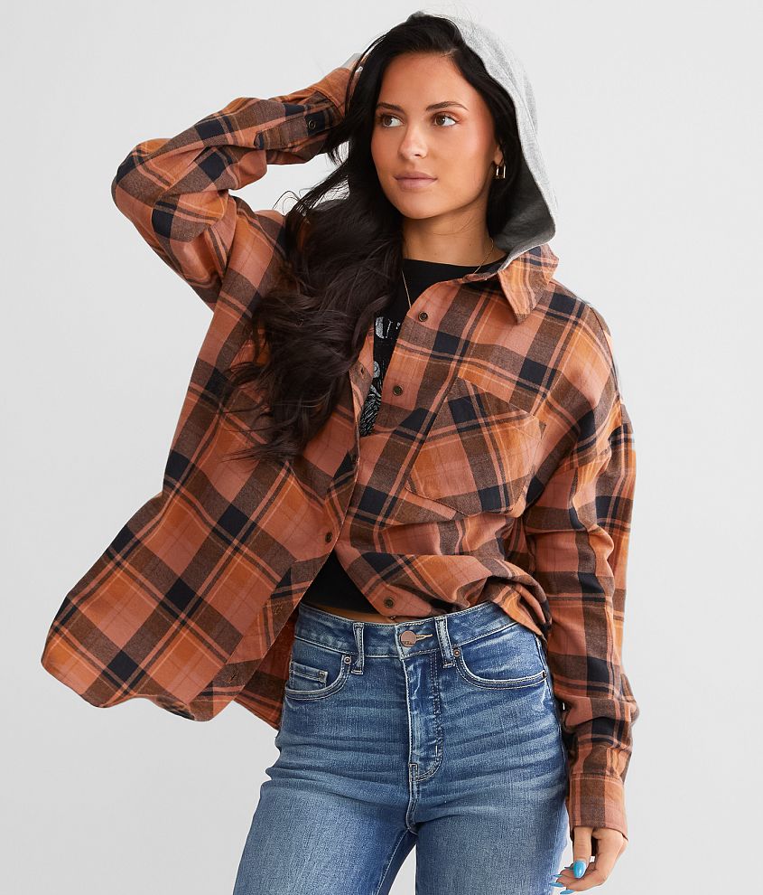 BKE Hooded Boyfriend Flannel Shirt front view