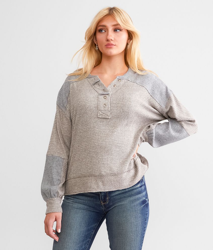 BKE Pieced Waffle Knit Henley - Women's Shirts/Blouses in Grey