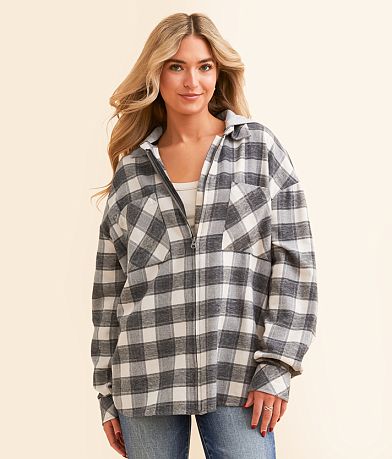 BKE Plaid Boyfriend Hooded Flannel Shirt front view