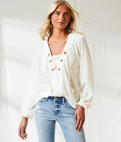 BKE Resort Textured Lace-Up Top front view