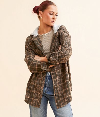 Gilded Intent Plaid Hooded Boyfriend Shirt front view