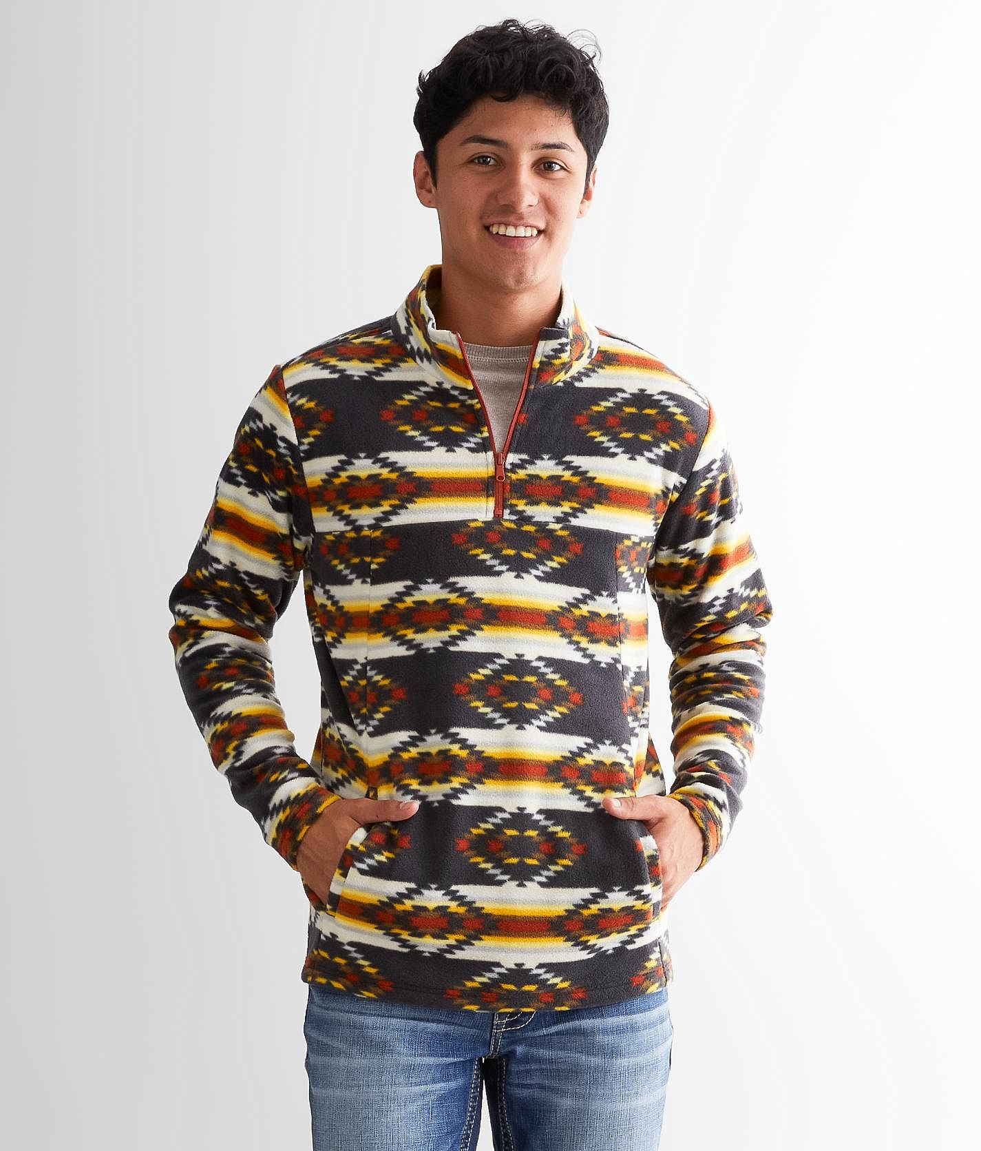 Departwest Aztec Print Pullover Men s Sweatshirts in Grey Gold Buckle