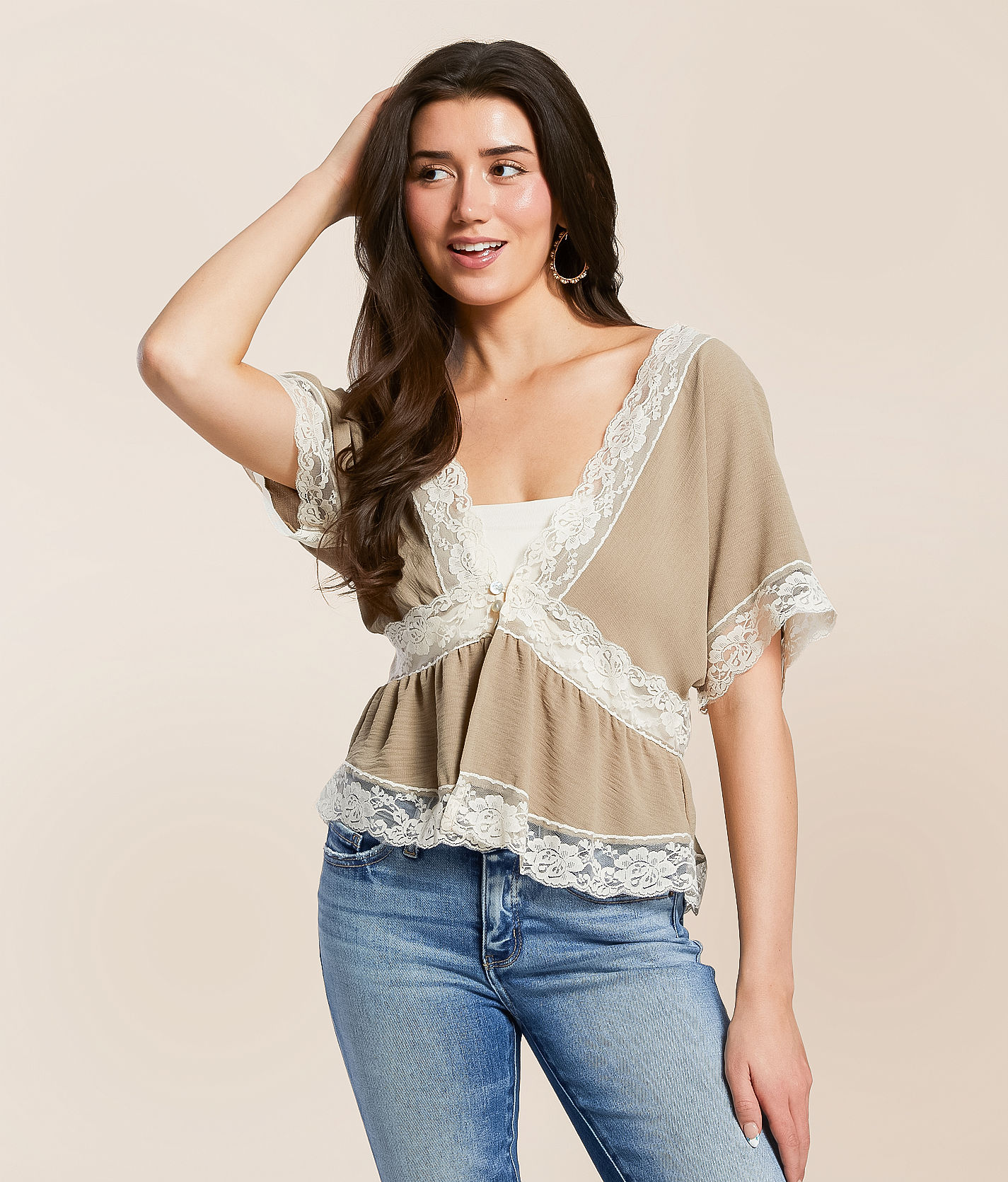 トップス eaphi flower jacquard peplum tops beige Floral Jacquard Peplum Top