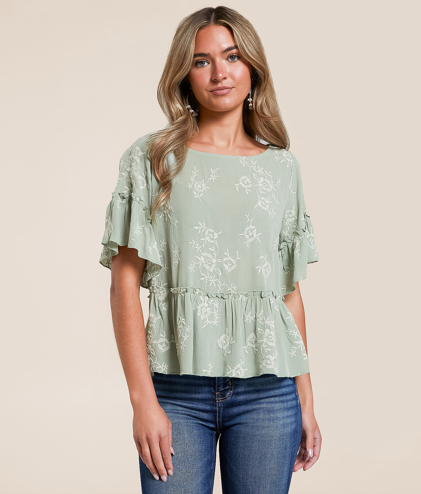 Embroidered Floral Flutter Sleeve Top