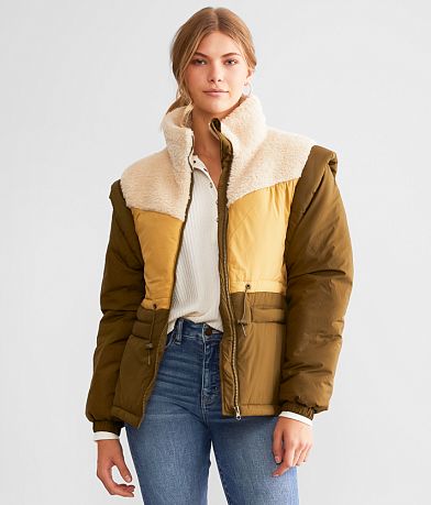 Steve Madden Hana Pieced Sherpa Convertible Coat front view