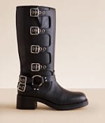 ★Steve Madden★新作★大人気★ROCKY BLACK★ブーツ RAMPAGE Black Leather Square-Toe Buckle Moto Women's Boot