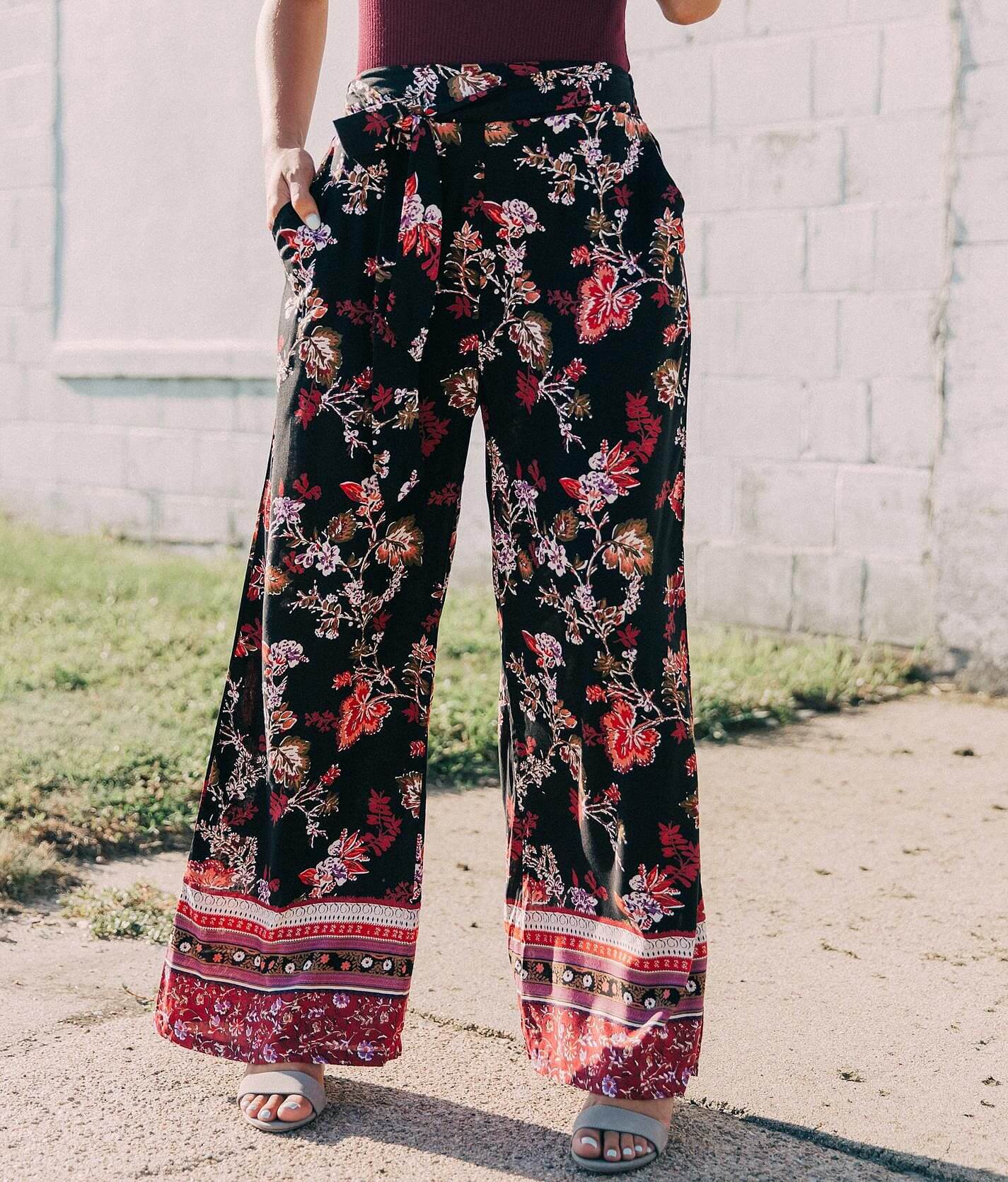 Angie Mid Rise Border Print Crochet Side Wide Leg Pants