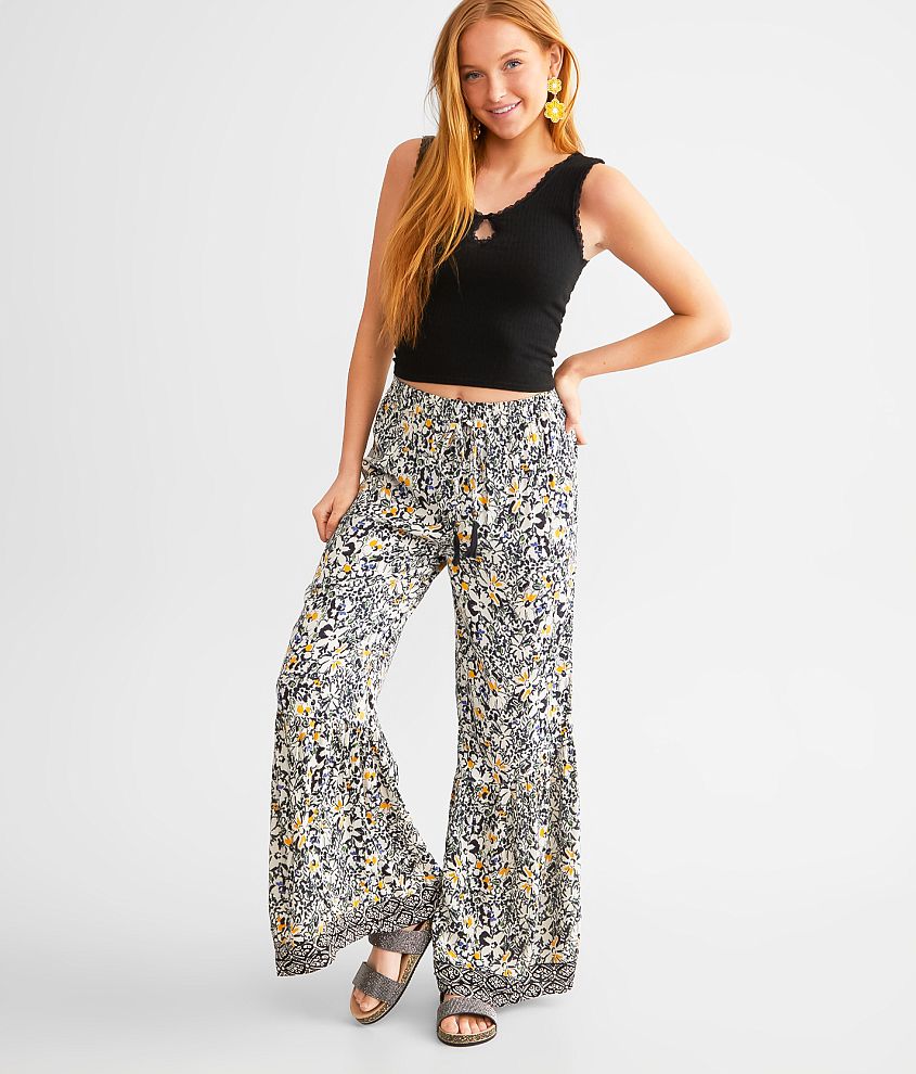 Wide-leg Pants - Black/floral - Ladies