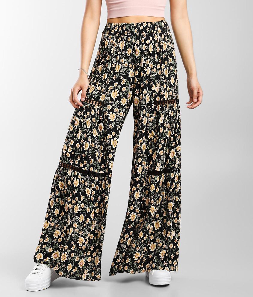 Angie Floral Crochet Inset Wide Leg Beach Pant - Women's Pants in Black