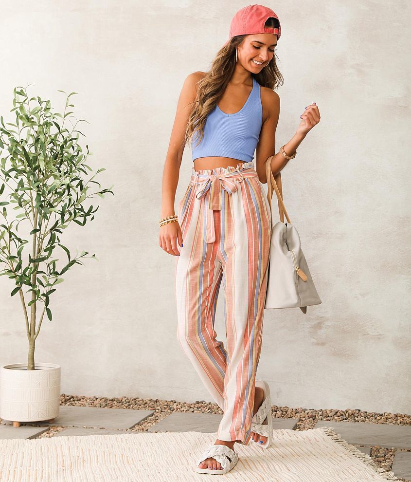 Love Tree Linen Striped Beach Pants for Women in Cream