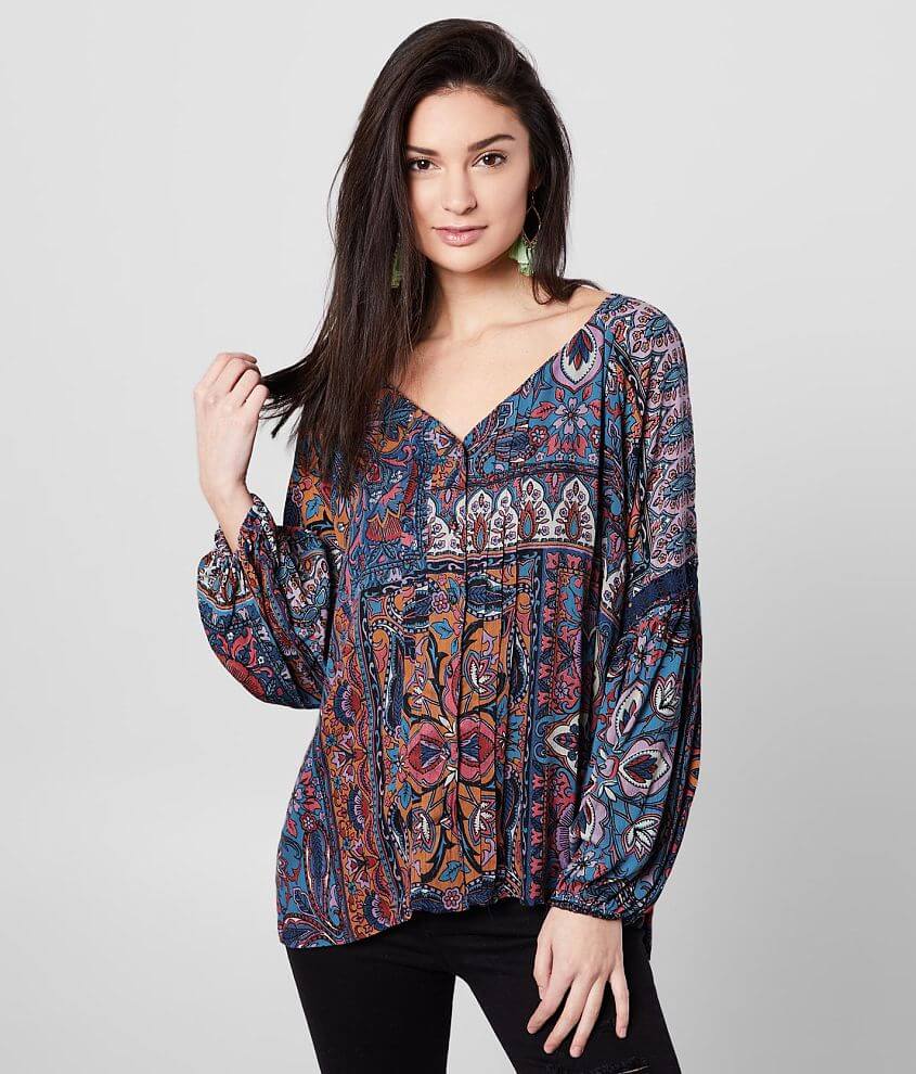 Pleated V-Neck Floral Peasant Top