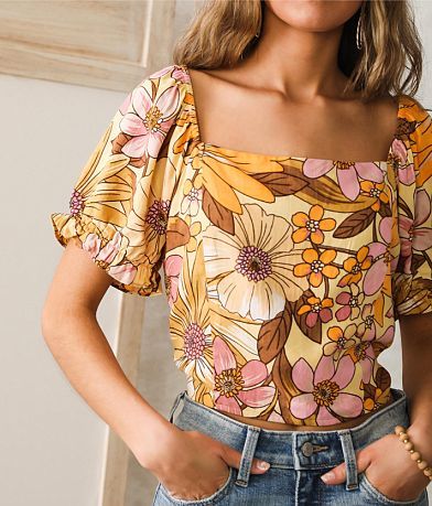 Angie Vintage Floral Cropped Top - Women's Shirts & Blouses in Mustard ...