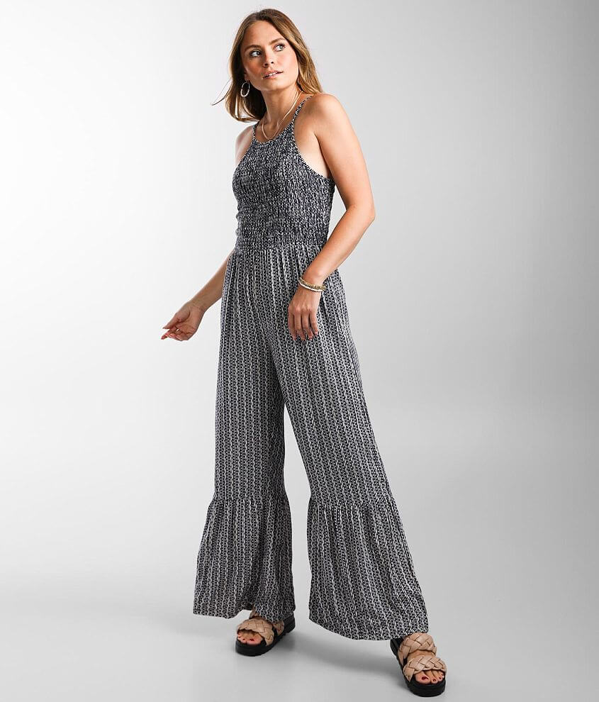 Angie Smocked High Neck Jacquard Jumpsuit - Women's Rompers/Jumpsuits in  Navy