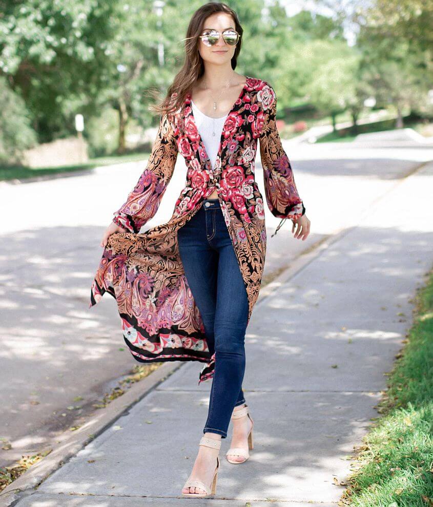 Angie Floral Print Duster Kimono - Women's Kimonos in Black Rust | Buckle