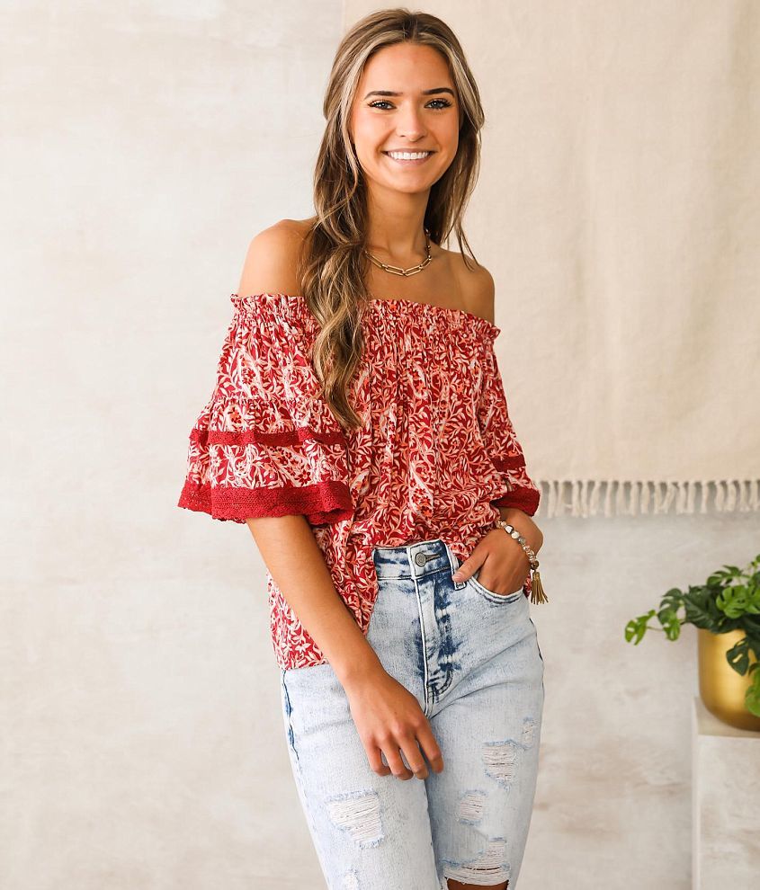 Red and white discount off the shoulder top