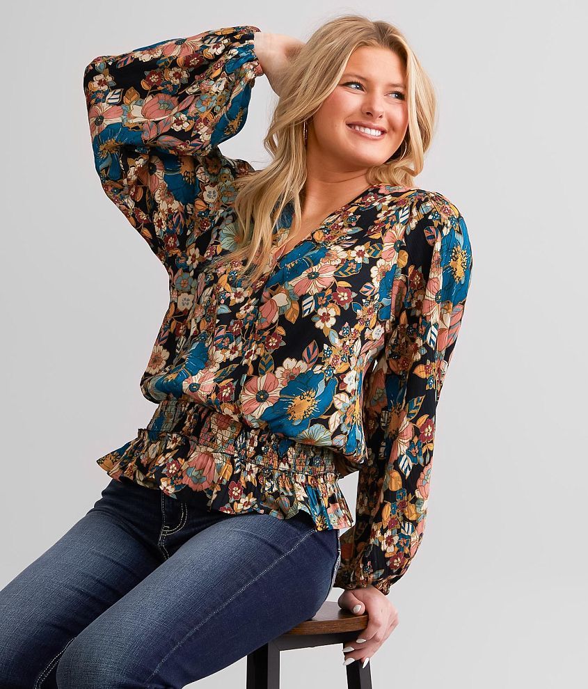 Angie Surplice Floral Crinkle Top front view