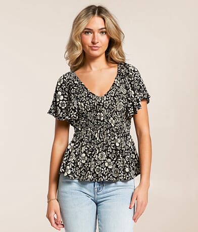 Angie Floral Smocked Peplum Top front view