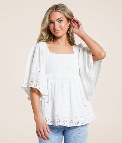Angie Smocked Floral Eyelet Top front view