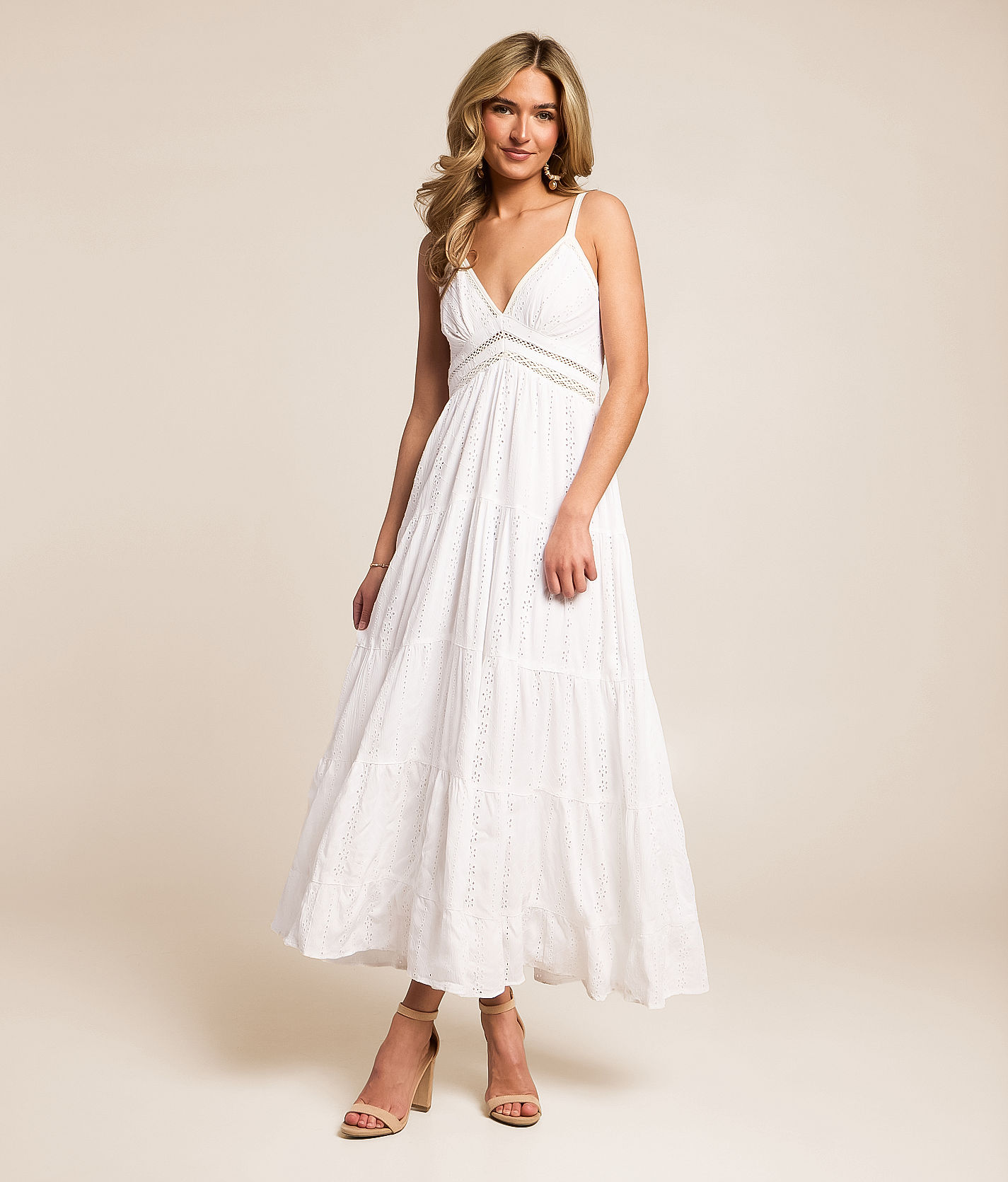 Angie Women's Cotton Eyelet Tiered Maxi Dress in White | Size: Large | Buckle