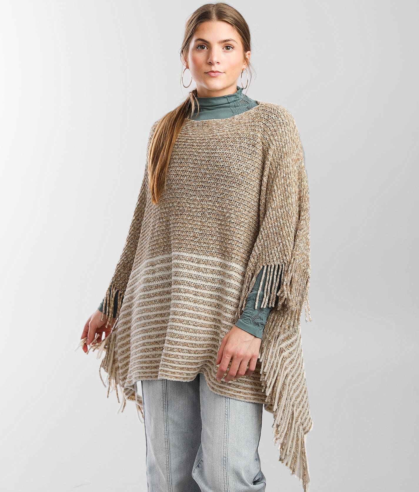 Striped Fringe Detail Long Sleeve Poncho – Flyclothing LLC