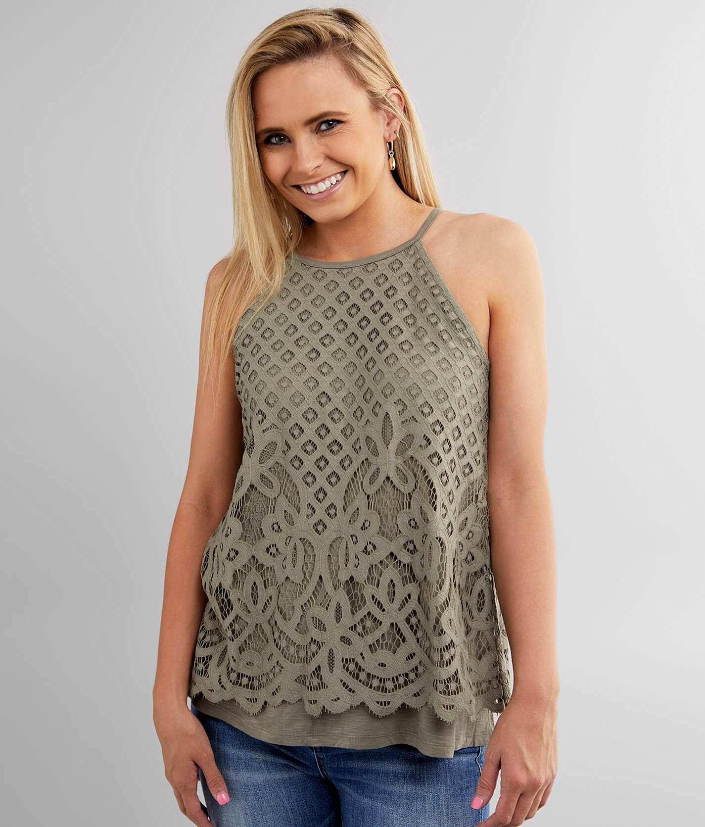 High Neck Lace Overlay Tank Top