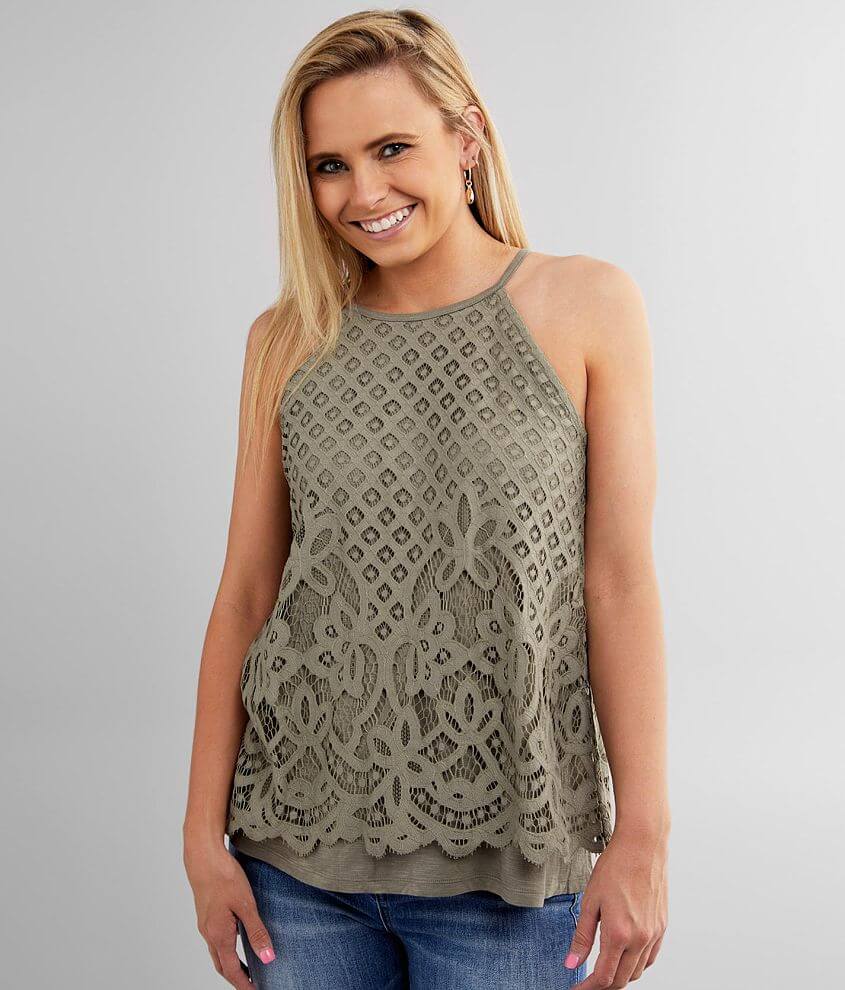 Daytrip High Neck Lace Overlay Tank Top - Women's Tank Tops in Vetiver ...