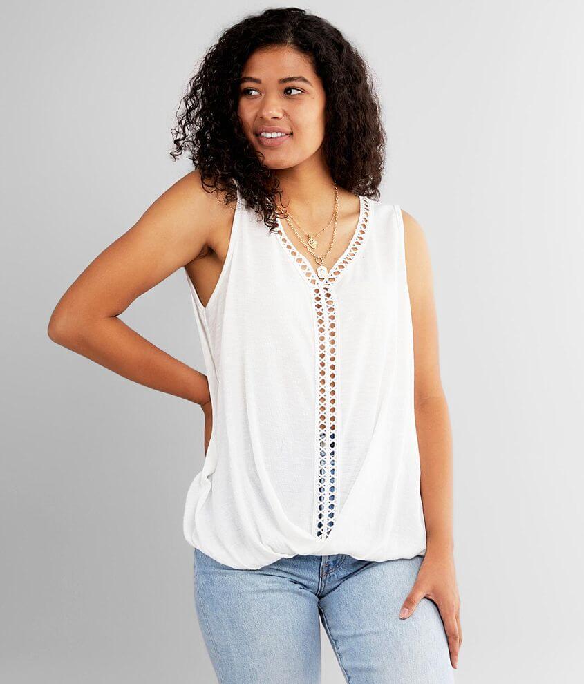 Daytrip Crochet Trim VNeck Tank Top Women's Tank Tops in White Buckle