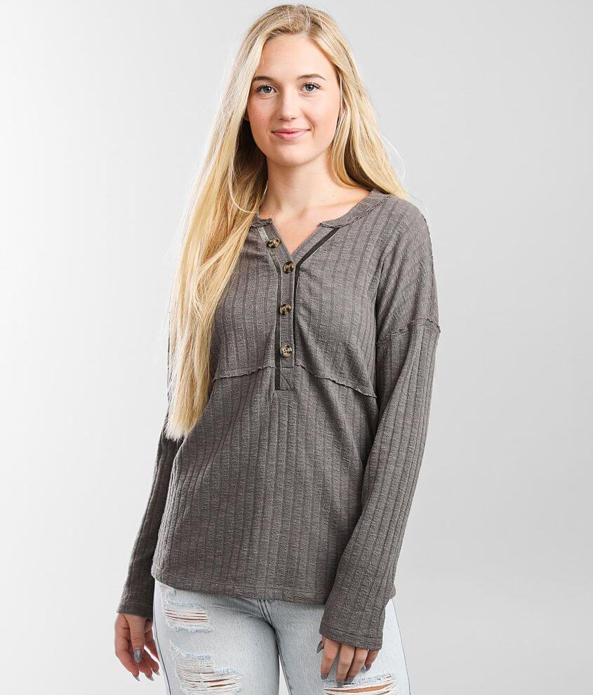 BKE Wide Ribbed Henley Top Women's Shirts/Blouses in Dark Gull Grey