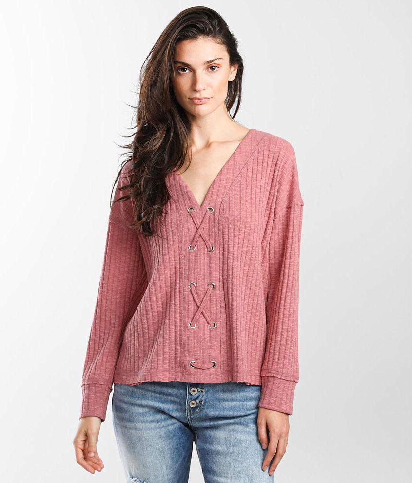 BKE Ribbed Lace-Up Top front view