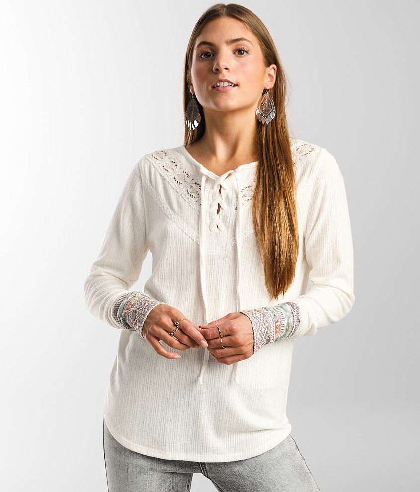 Lucky Brand Lace Detail Cotton Rib Henley Top