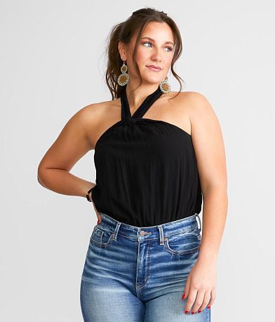 Eyeshadow Twisted Halter Tank Bodysuit front view