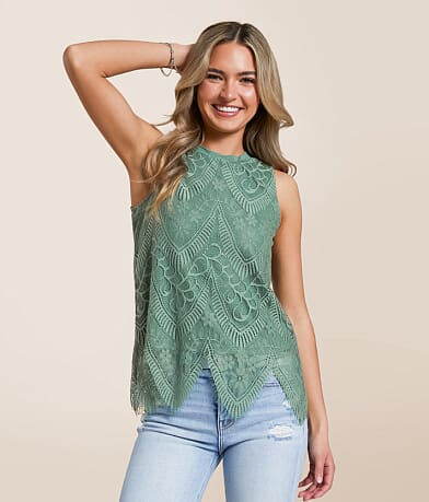 Daytrip Eyelash Lace High Neck Tank Top front view