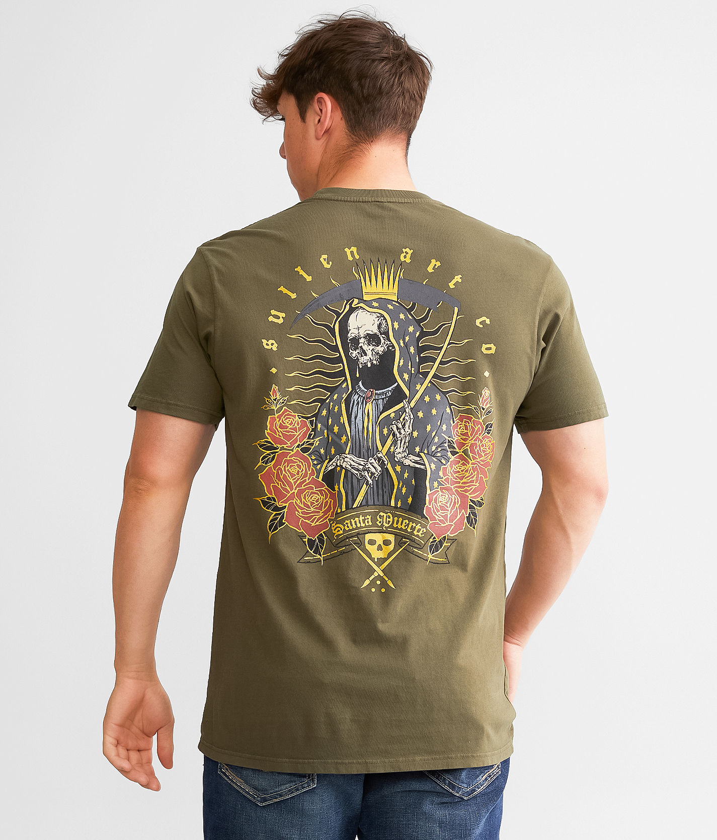 Sullen Santa Muerte T Shirt Men s T Shirts in Olive Buckle