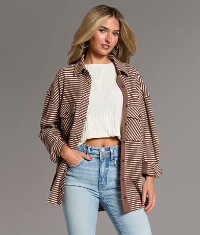 BKE Striped Thermal Boyfriend Shirt front view