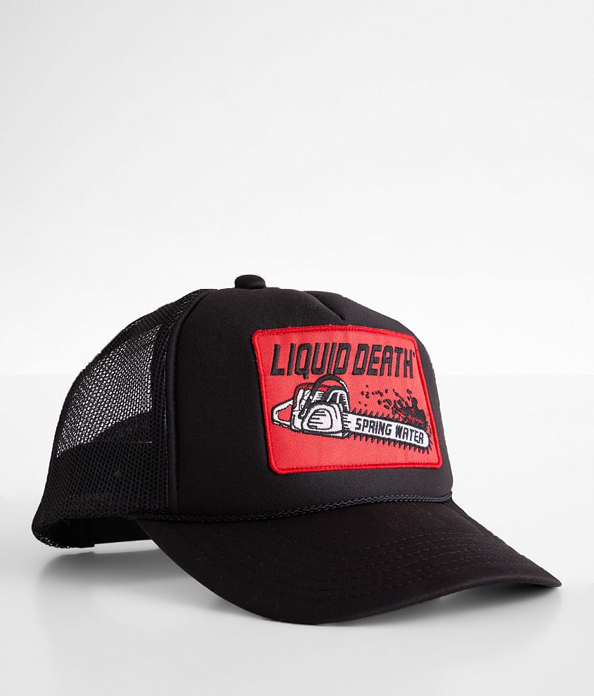 Liquid Death Chainsaw Massacre Trucker Hat front view